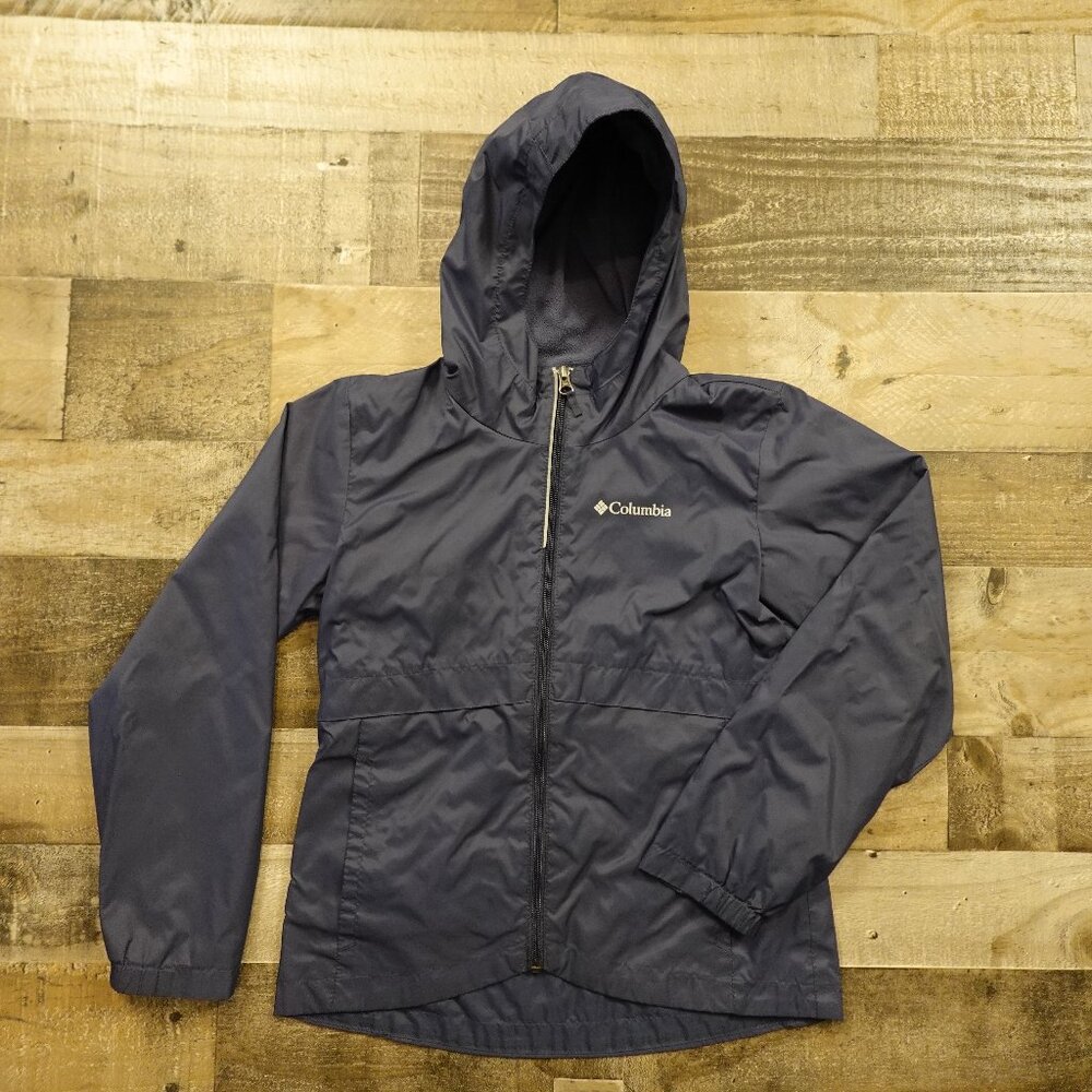 Columbia Rain Zilla Jacket Youth Medium (10/12) Navy Fleece-Lined Raincoat